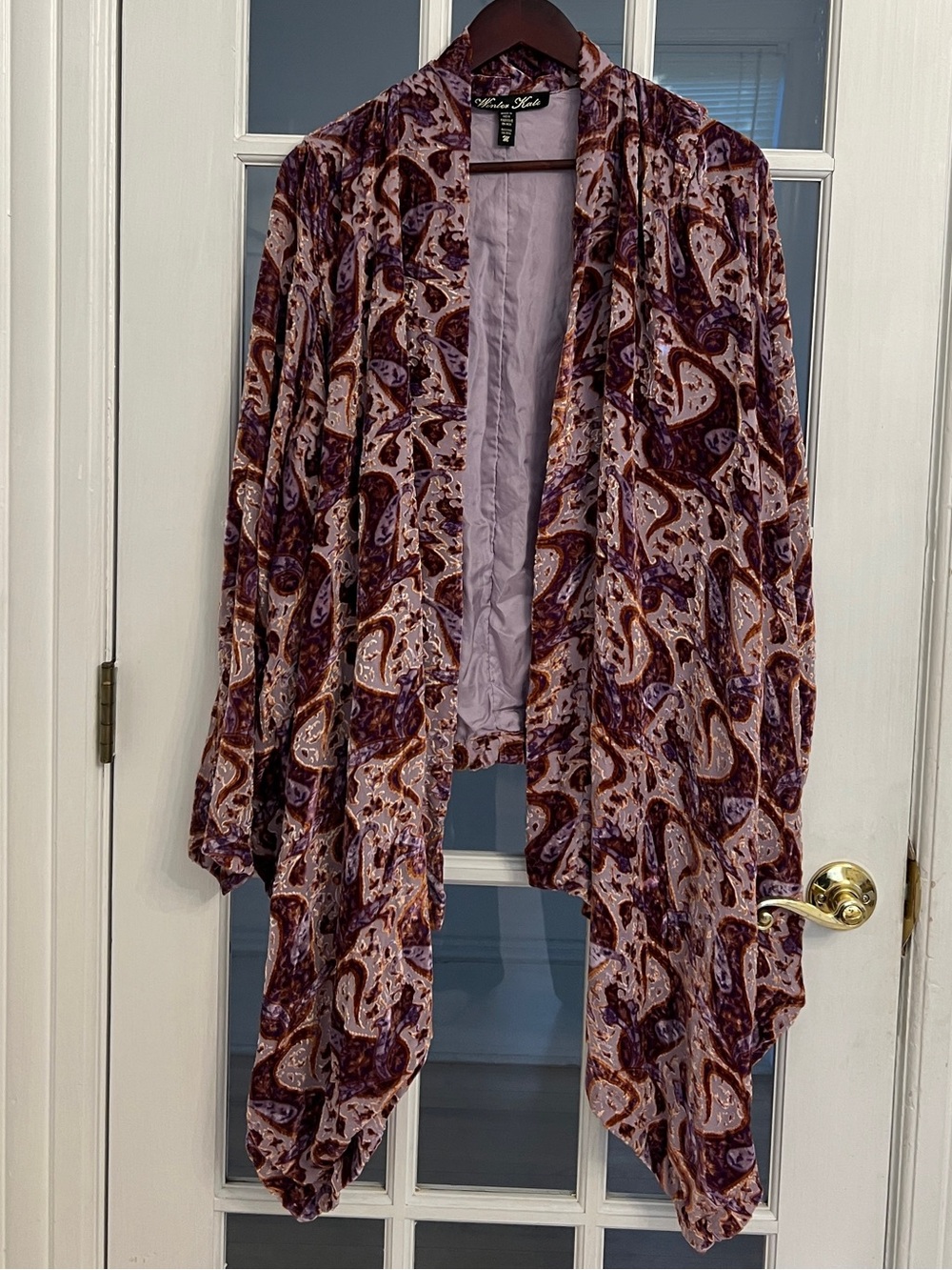 WINTER KATE Women's Purple Paisley Print Velvet Silk Blend Cascade Cardigan